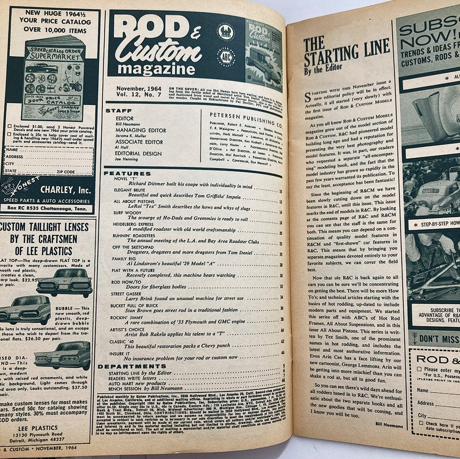 Inside pages of VTG Rod & Custom Magazine November 1964, Volume 12, Issue 7, showcasing magazine features and articles related to custom vehicles.