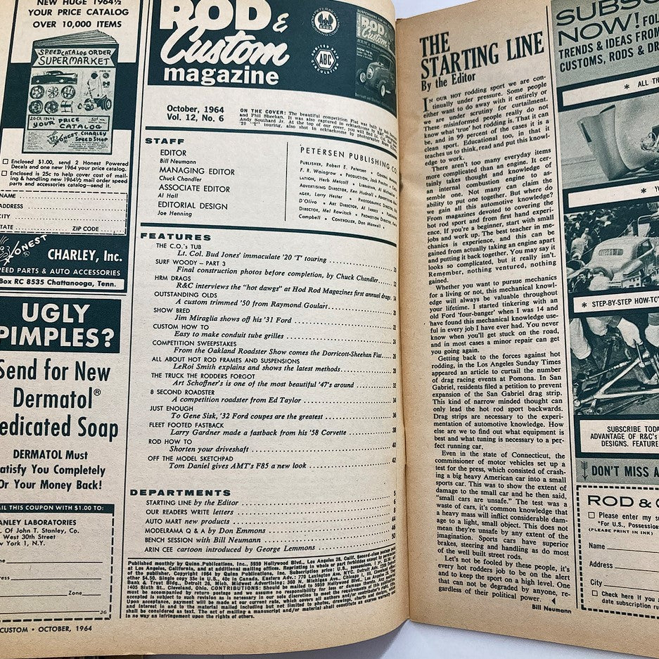 Interior page of VTG Rod & Custom Magazine, October 1964, Volume 12, Issue 6, showcasing magazine features and editorial staff details.