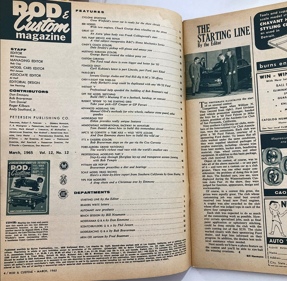 Inside page of VTG Rod & Custom Magazine March 1965, Volume 12, Issue 12 displaying the table of contents and features of the magazine, including articles on car customization.