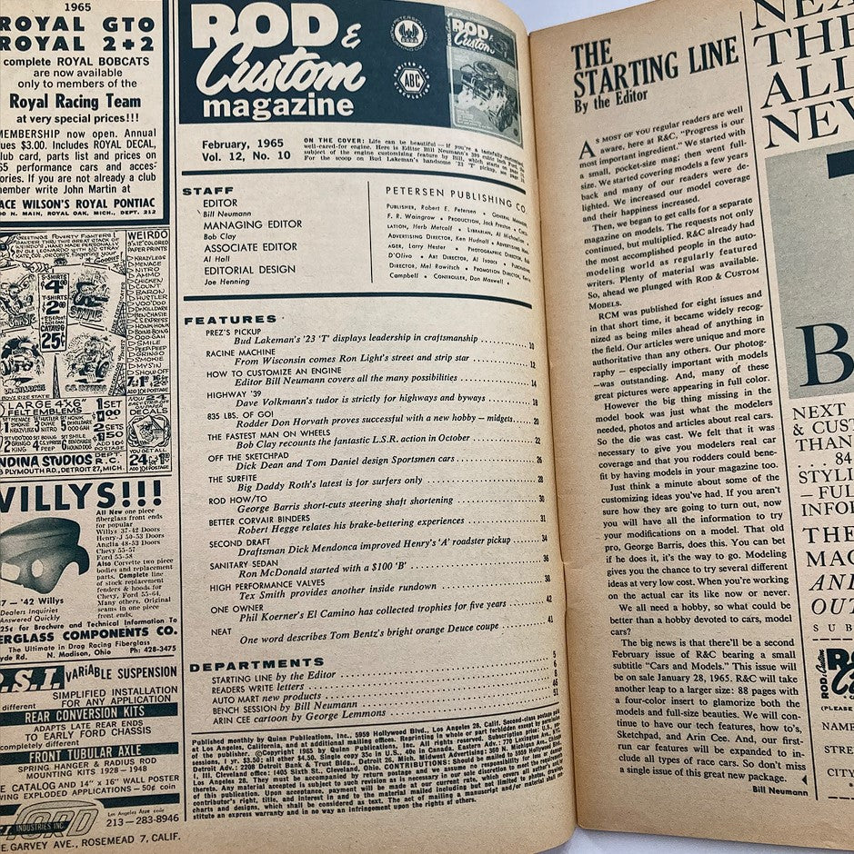 Interior page of VTG Rod & Custom Magazine February 1965 Vol 12 #10 displaying editorial content and features related to automotive culture.