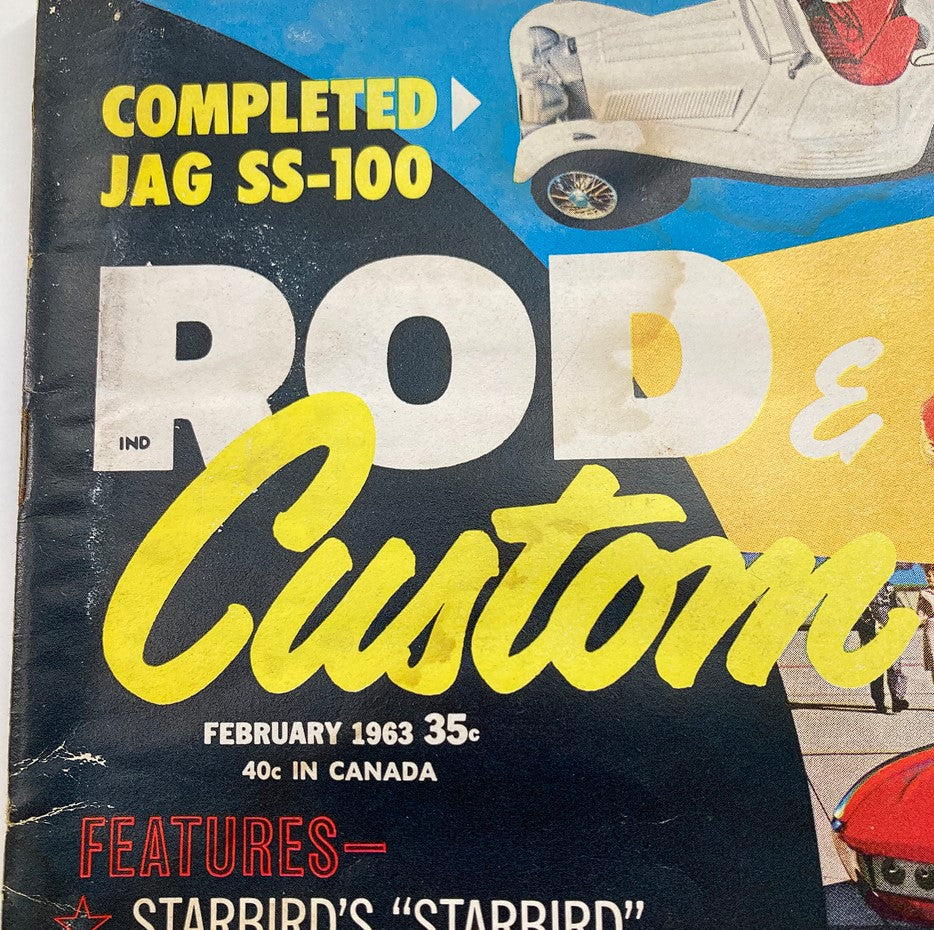 Close-up of the cover of VTG Rod & Custom Magazine February 1963 Vol 10 #10 showcasing the bold title and features related to classic car customization.