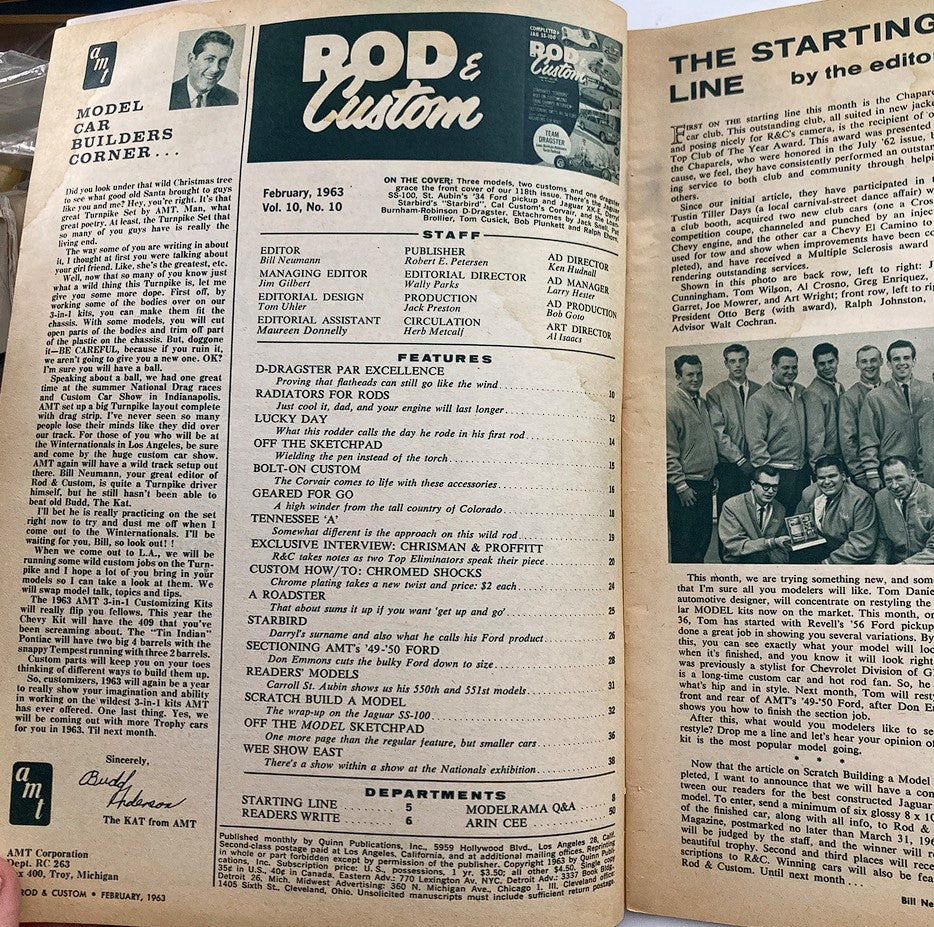 Editorial page of VTG Rod & Custom Magazine February 1963 Vol 10 #10, featuring the magazine's staff and an overview of the issue's contents, emphasizing the vintage automotive culture of the 1960s.