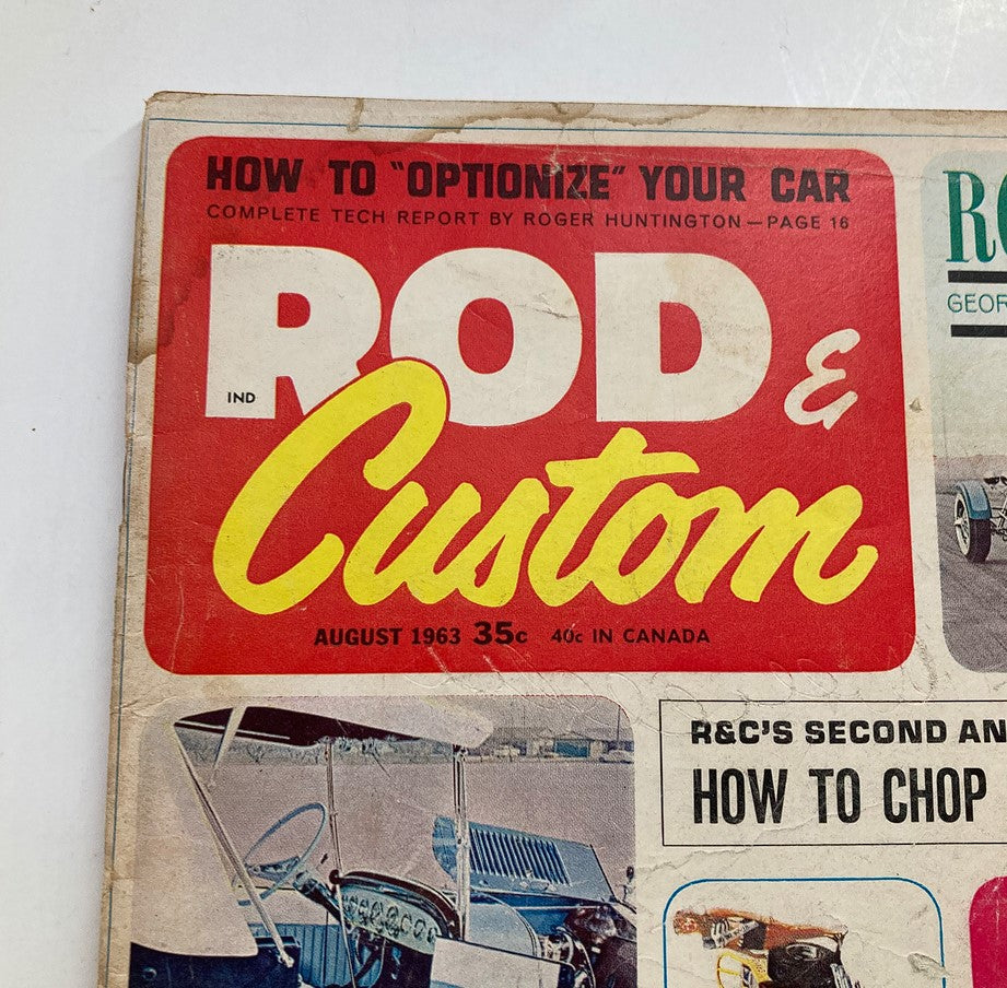 Close-up of the title and issue details on VTG Rod & Custom Magazine August 1963 Vol 11 #4 showcasing the magazine's theme with 'ROD & Custom' prominently displayed.