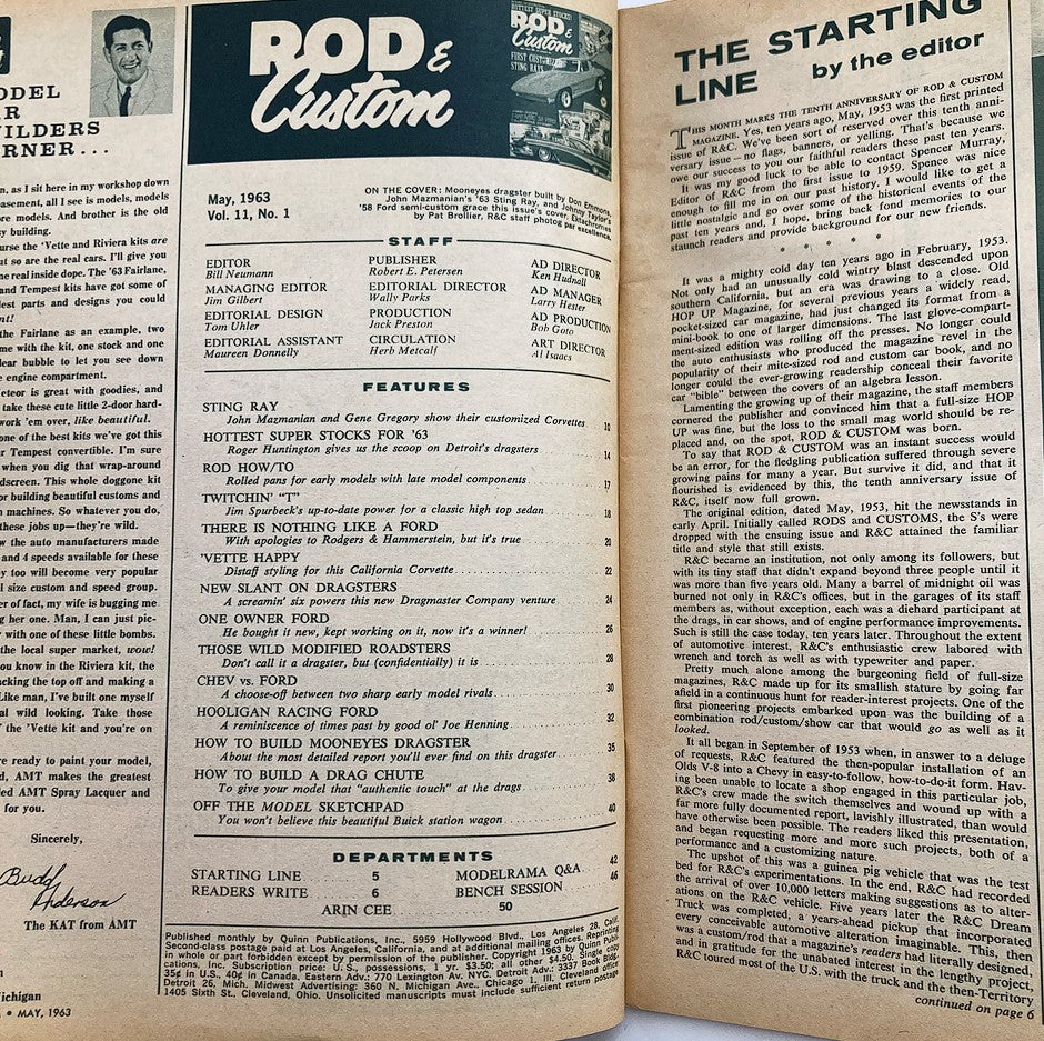 Interior page of VTG Rod & Custom Magazine May 1963 Vol 11 #1 showcasing the magazine's features and editorial staff information.