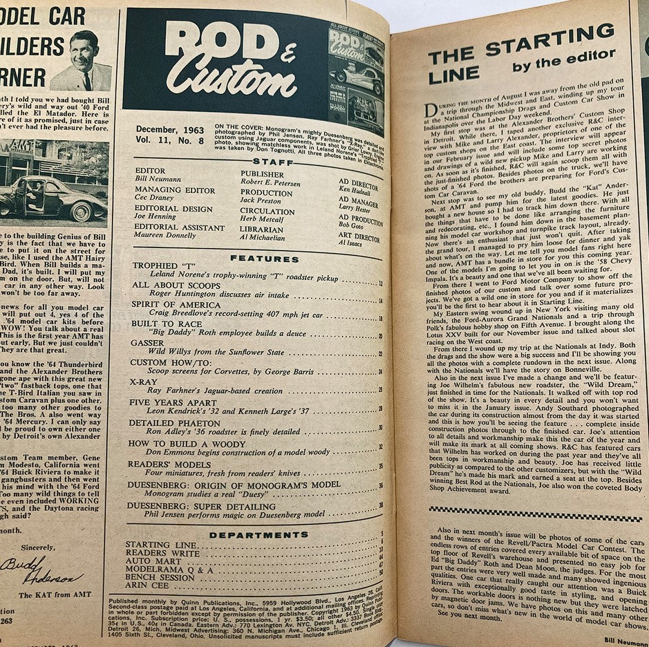 Interior page of VTG Rod & Custom Magazine December 1963 displaying the editorial section and features including car culture details.