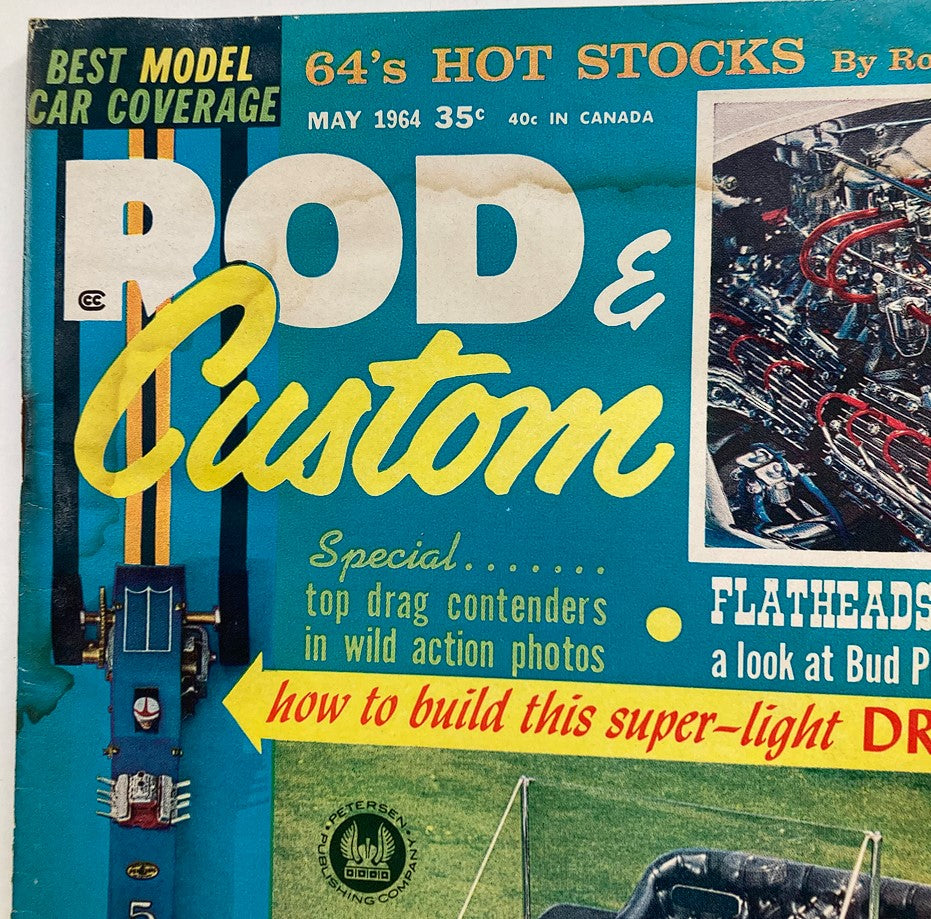 Cover of VTG Rod & Custom Magazine May 1964 Vol 11 #12 featuring car models and automotive culture highlights.