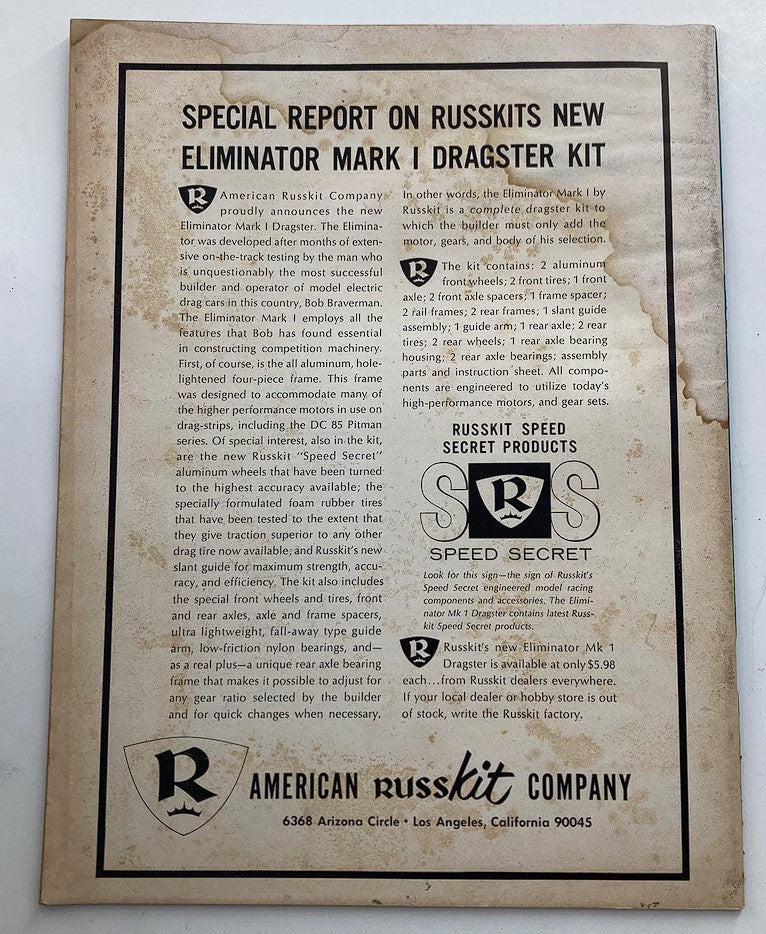 Back cover of VTG Rod & Custom Magazine May 1964 Vol 11 #12 advertising the Eliminator Mark I Dragster kit from American Russkit Company.