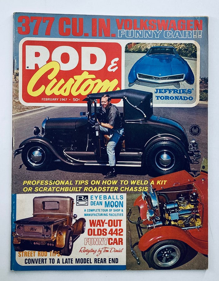 Cover of VTG Rod & Custom Magazine February 1967 Vol 15 #2 featuring Deano Toronado, showcasing various custom cars and automotive tips.