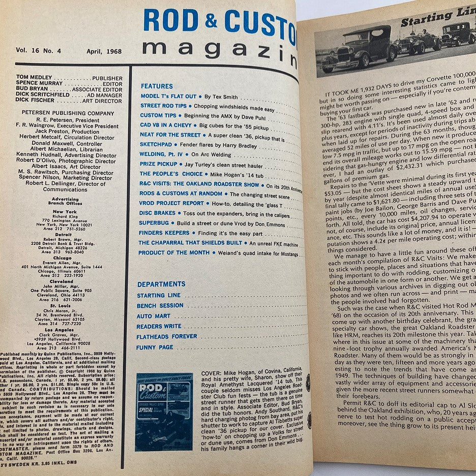 Inside page of VTG Rod & Custom Magazine April 1968 Vol 16 #4 showcasing the table of contents and features of classic automotive articles.