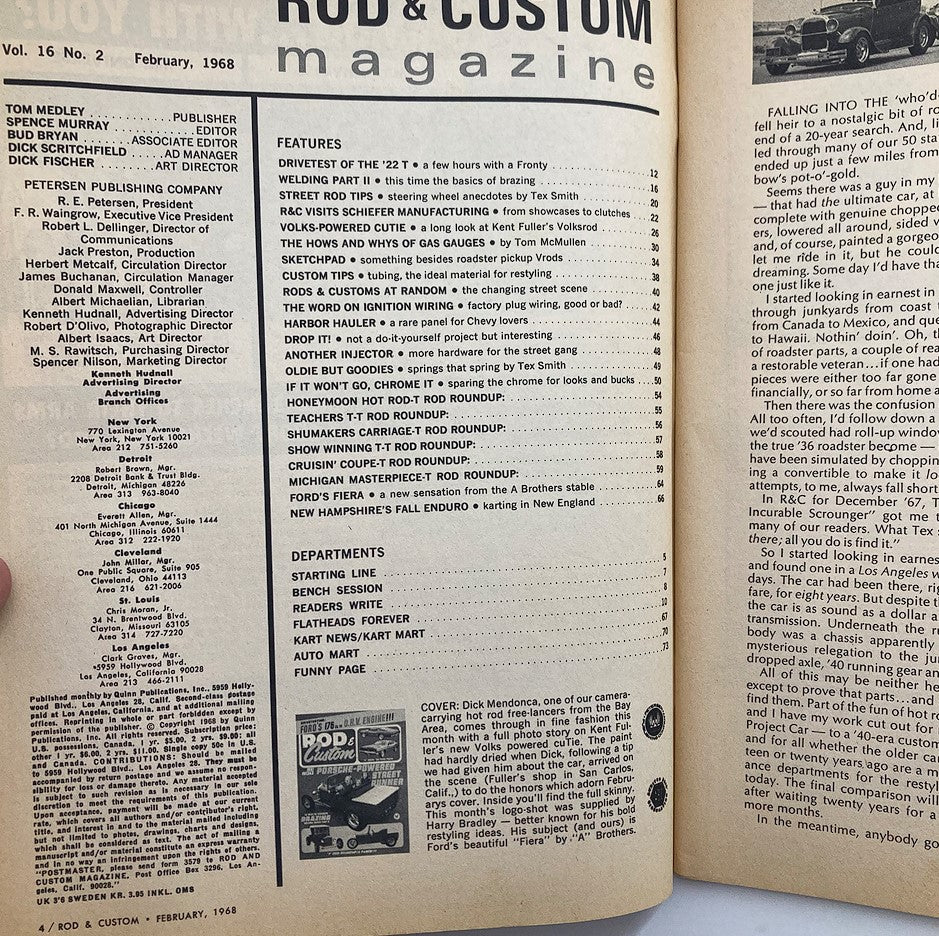 Inside page of VTG Rod & Custom Magazine February 1968 Vol 16 #2 showcasing the magazine's table of contents and features related to vintage car culture.