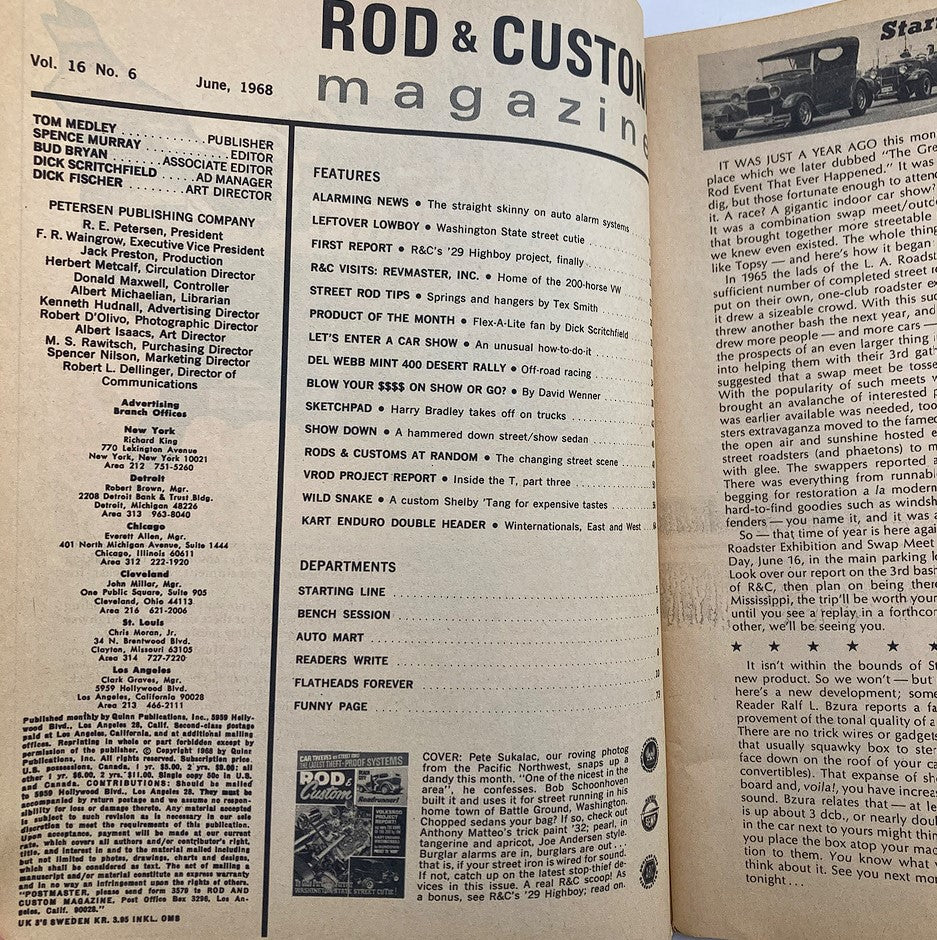 Inside pages of VTG Rod & Custom Magazine June 1968 Vol 16 #6 showcasing articles and features related to automotive culture and classic car restoration.