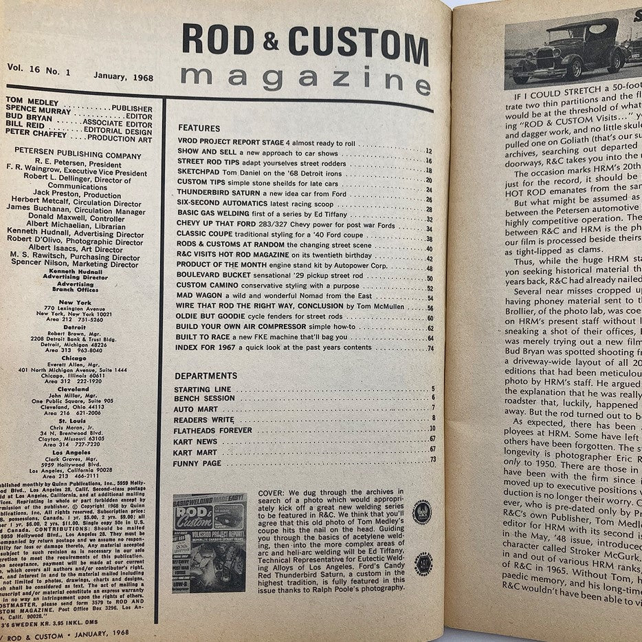 Inside page of VTG Rod & Custom Magazine January 1968 displaying table of contents and features related to classic cars, highlighting notable articles from Volume 16, Number 1.