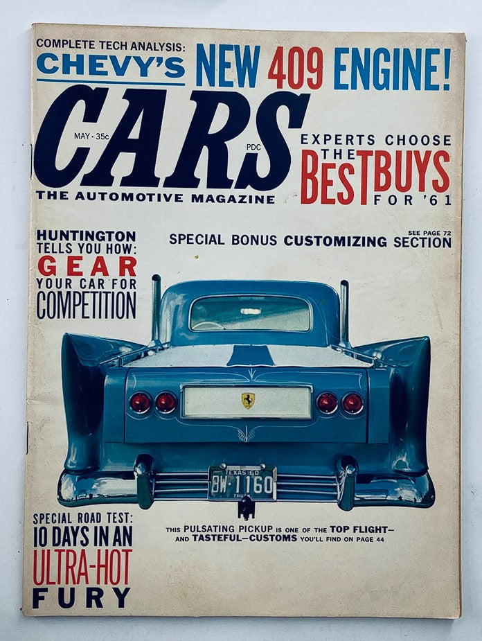 Cover of VTG Cars Magazine May 1961 Vol 3 #2 featuring a classic blue car and the headline '10 Days in an Ultra-Hot Fury' alongside details of Chevy's new 409 engine.