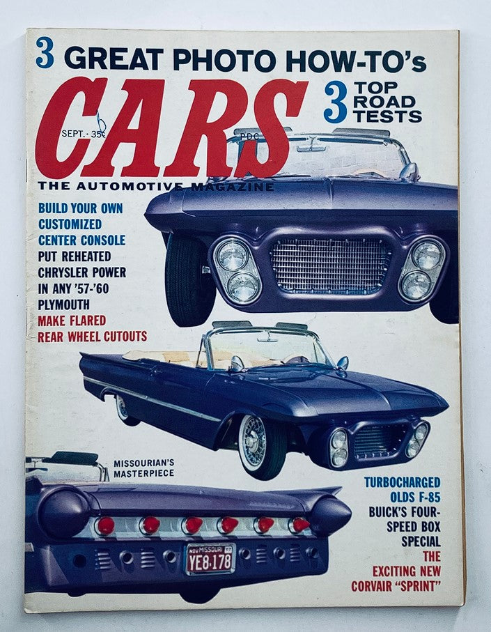 Cover of VTG Cars Magazine September 1962 Vol 4 #6 featuring 'Missourian's Masterpiece,' highlighting automotive culture with a stylish purple convertible and engaging articles.