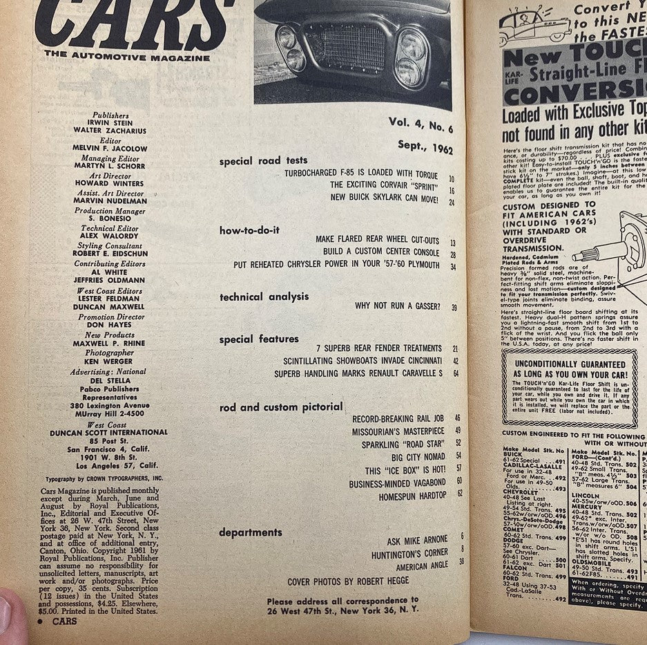 Inside page of VTG Cars Magazine September 1962 Vol 4 #6 displaying table of contents and articles about automotive innovations, including special road tests and customization how-tos.