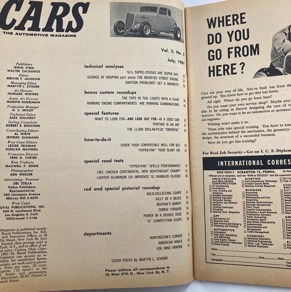 Interior page of VTG Cars Magazine July 1961 Vol 3 #3 displaying magazine content including automotive features, technical analysis, and articles highlighting tail lights.
