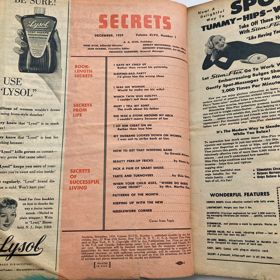 Inside page of VTG Secrets Magazine December 1959 displaying the table of contents and advertisements.