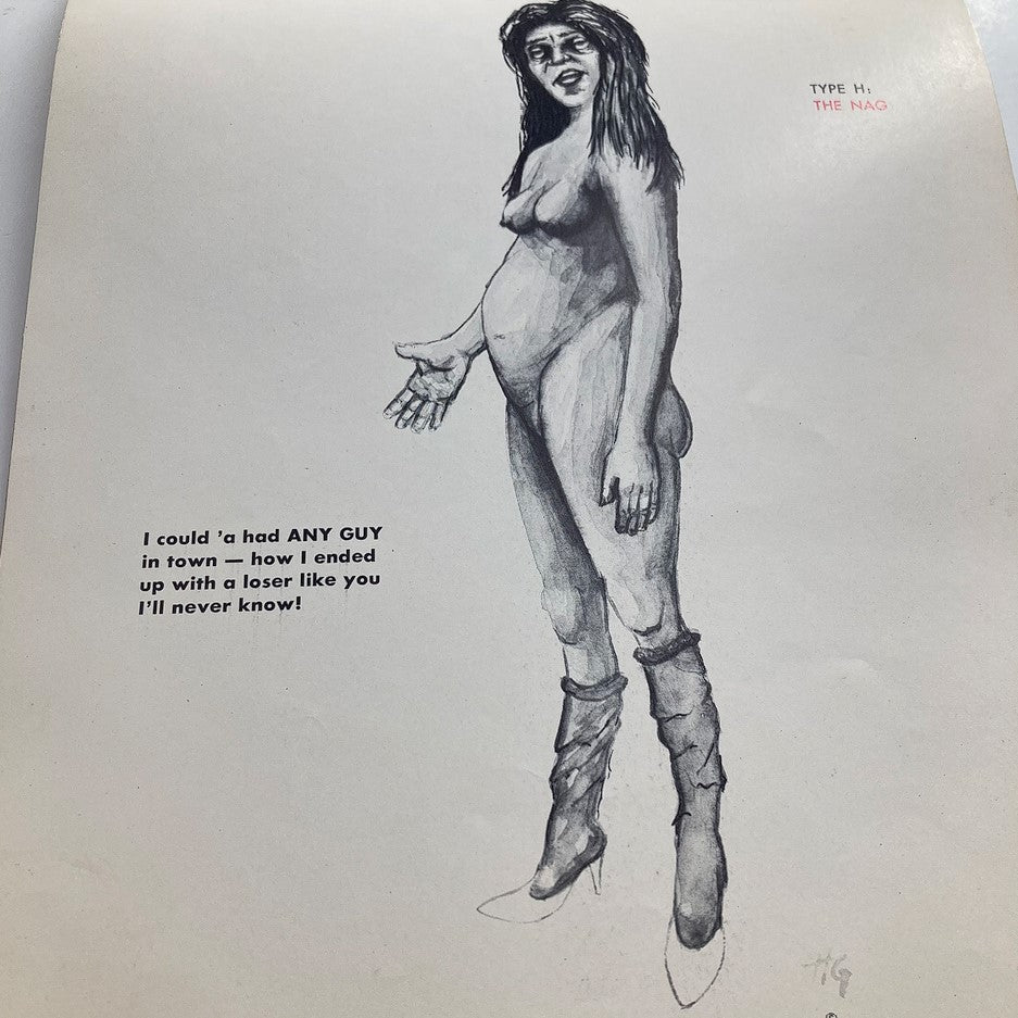 Vintage 1966 Wives Are For Living novelty illustration featuring a playful portrayal of a woman, depicting humor related to relationships.