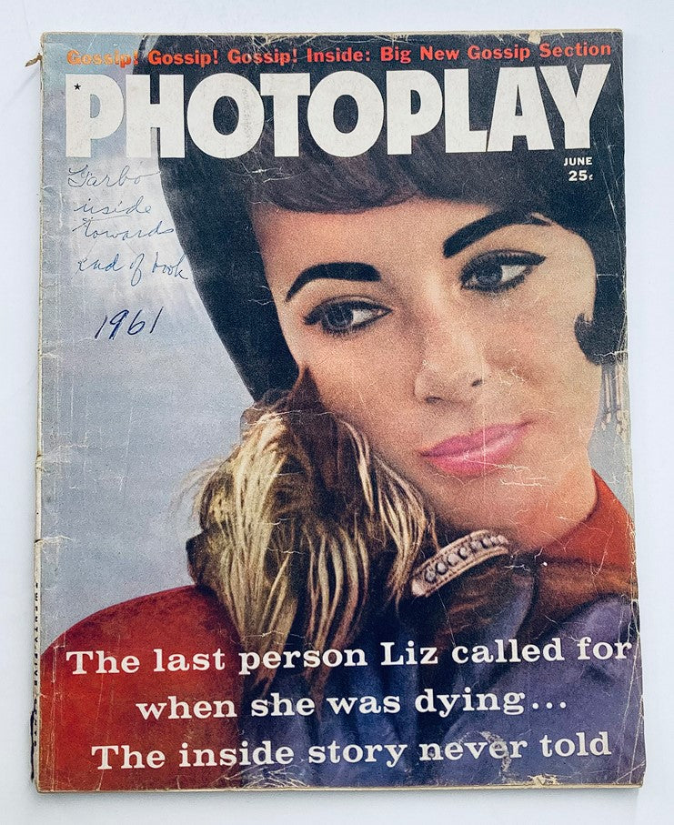VTG Photoplay Magazine June 1961 featuring Elizabeth Taylor on the cover, showcasing vintage Hollywood glamour with visible wear and inscriptions.