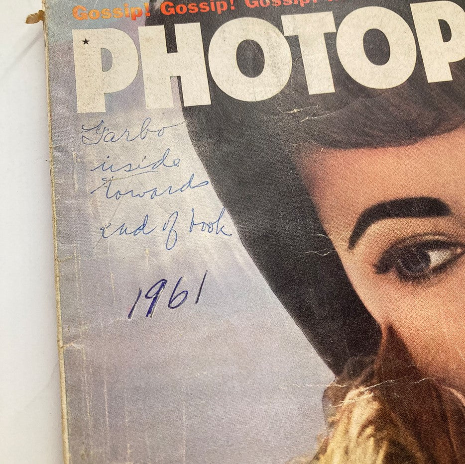 Close-up of the VTG Photoplay Magazine June 1961 cover with Elizabeth Taylor, highlighting handwritten notes and the year 1961.