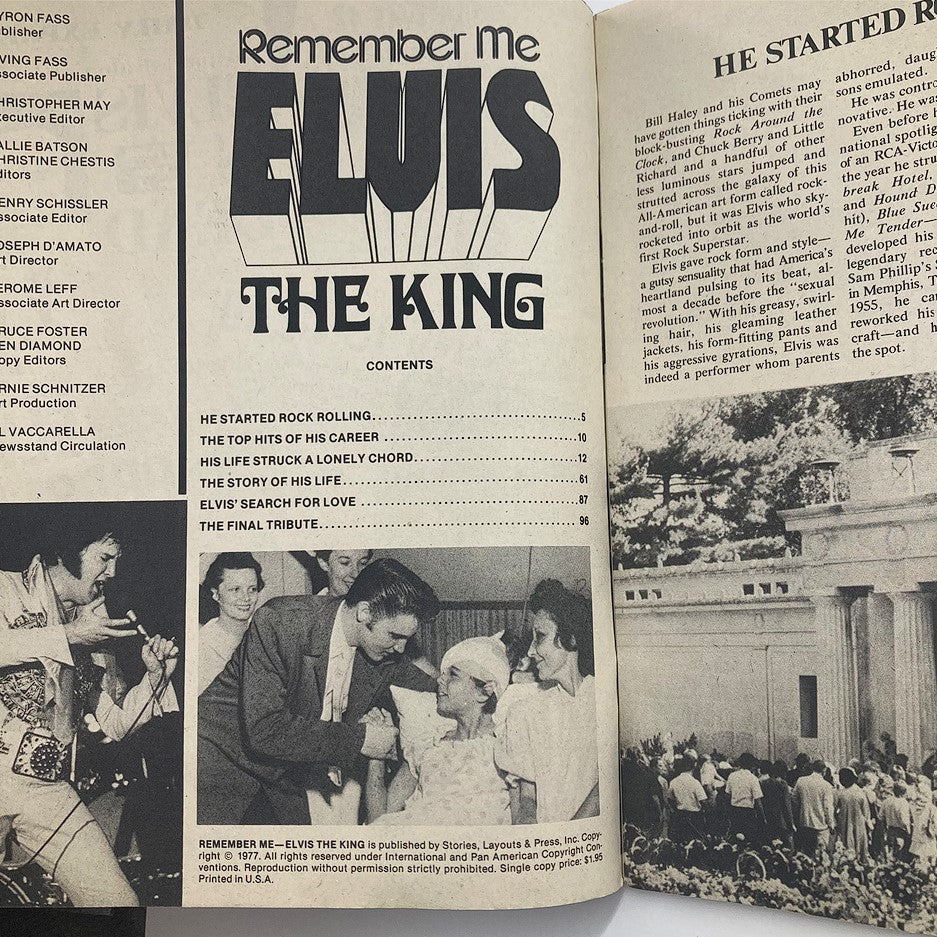 Interior page of the 1977 Remember Me - Elvis Presley Complete Photos and Story of His Life & Career magazine, showcasing the table of contents, highlighting key sections and moments from Elvis's life and career.