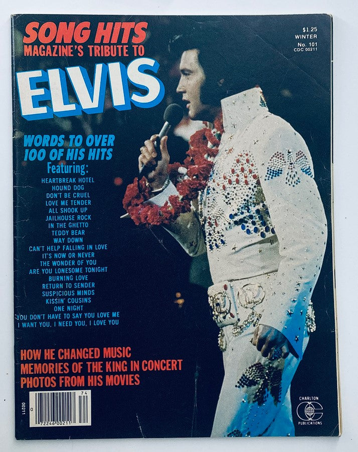 Cover of VTG Song Hits Magazine Winter 1977 No. 101, Tribute to Elvis Presley, featuring a classic image of Elvis in a sparkling white jumpsuit. The magazine emphasizes Elvis's iconic hits and includes notable titles, celebrating his influence on music history.