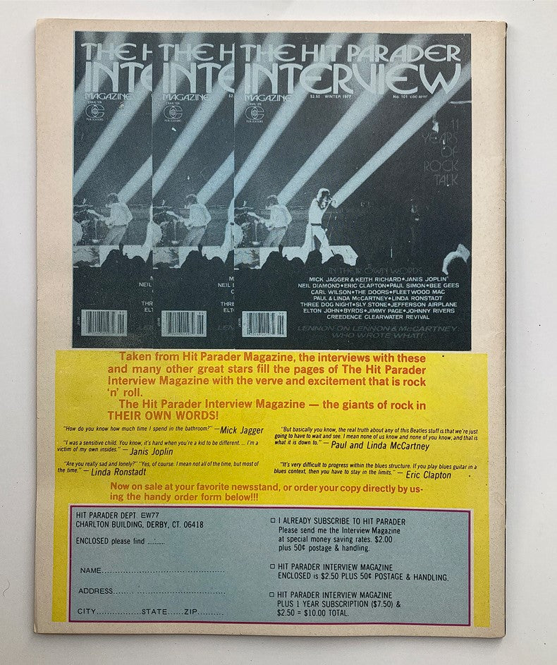 Back cover of VTG Song Hits Magazine Winter 1977 No. 101, featuring advertisements and information about The Hit Parader Interview Magazine, related to iconic rock and roll artists.