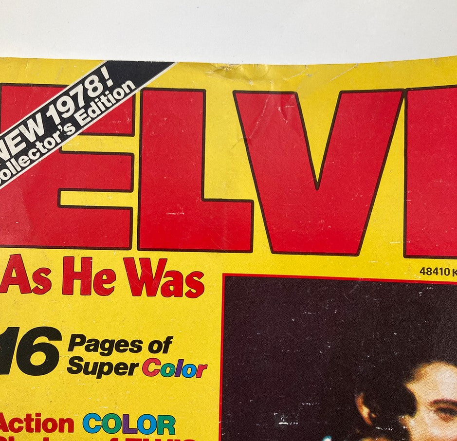Close-up of the cover of VTG 1978 Elvis Presley magazine 'As He Was', showing the title prominently with the text 'NEW 1978! Collector's Edition' and details about content like '16 Pages of Super Color'.