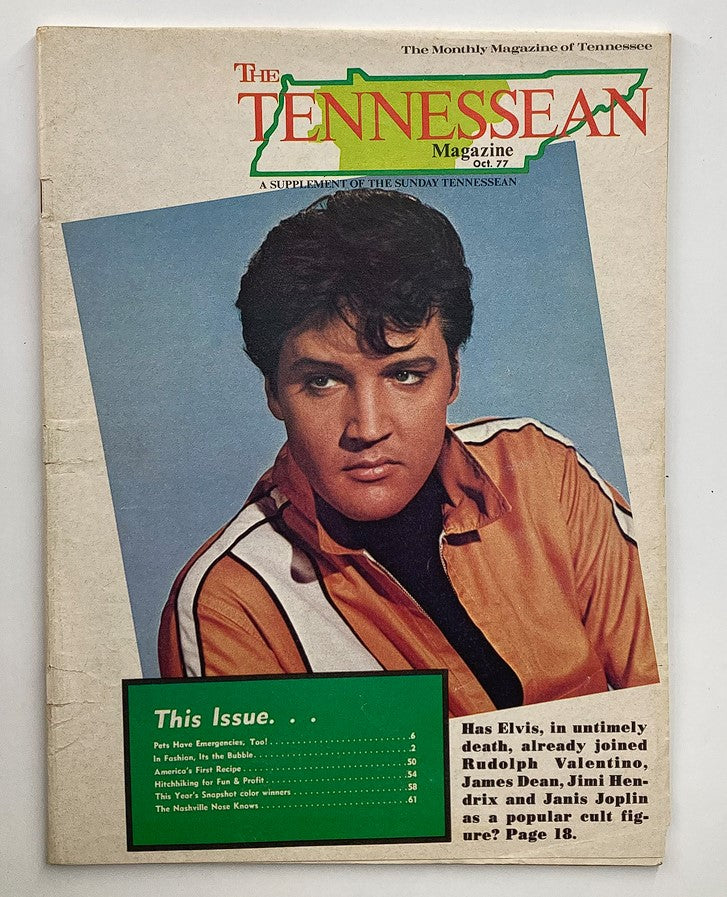 Vintage magazine cover of The Tennessean, October 1977 featuring Elvis Presley, showcasing a portrait of the legendary musician along with issue highlights and details.