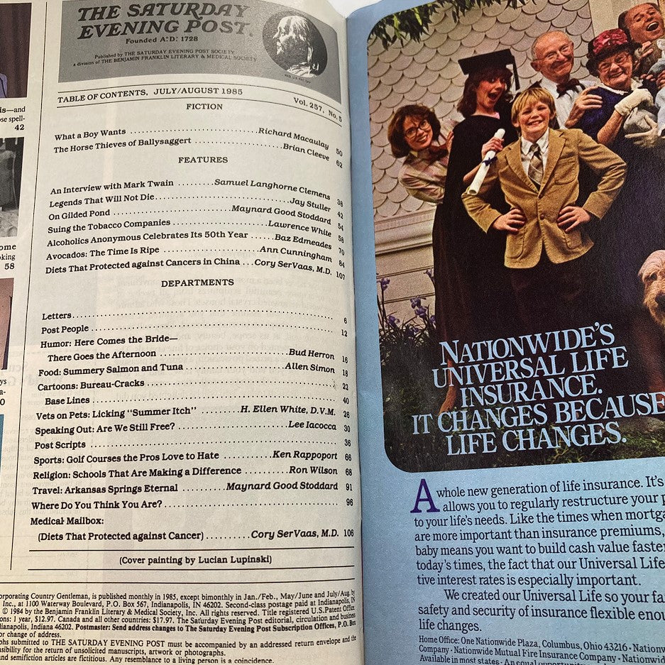 Cover image of The Saturday Evening Post from July 1985, Vol 257 #5, featuring a nostalgic layout and illustration, highlighting articles and features, with emphasis on insurance, education, and community values.