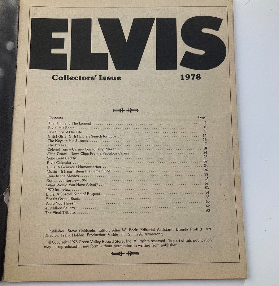 VTG Collector's Issue Magazine 1978 Elvis Presley Pictures and Stories No Label - Interior page displaying the table of contents, outlining articles and features about Elvis Presley, including his life, career, and contributions to music.