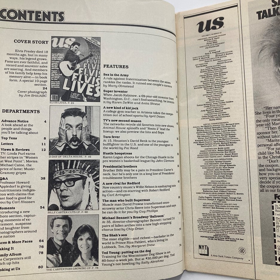 Inside page of the VTG Us Magazine dated February 20, 1979, displaying the contents list, including the cover story on Elvis Presley and various featured articles.