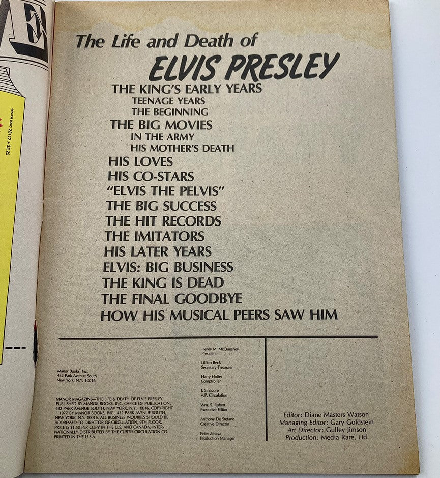 Inside page of VTG Manor Magazine 1977 'The Life and Death of Elvis Presley,' listing various chapters including Elvis's early years, co-stars, and final goodbye, showcasing the content structure of the magazine.