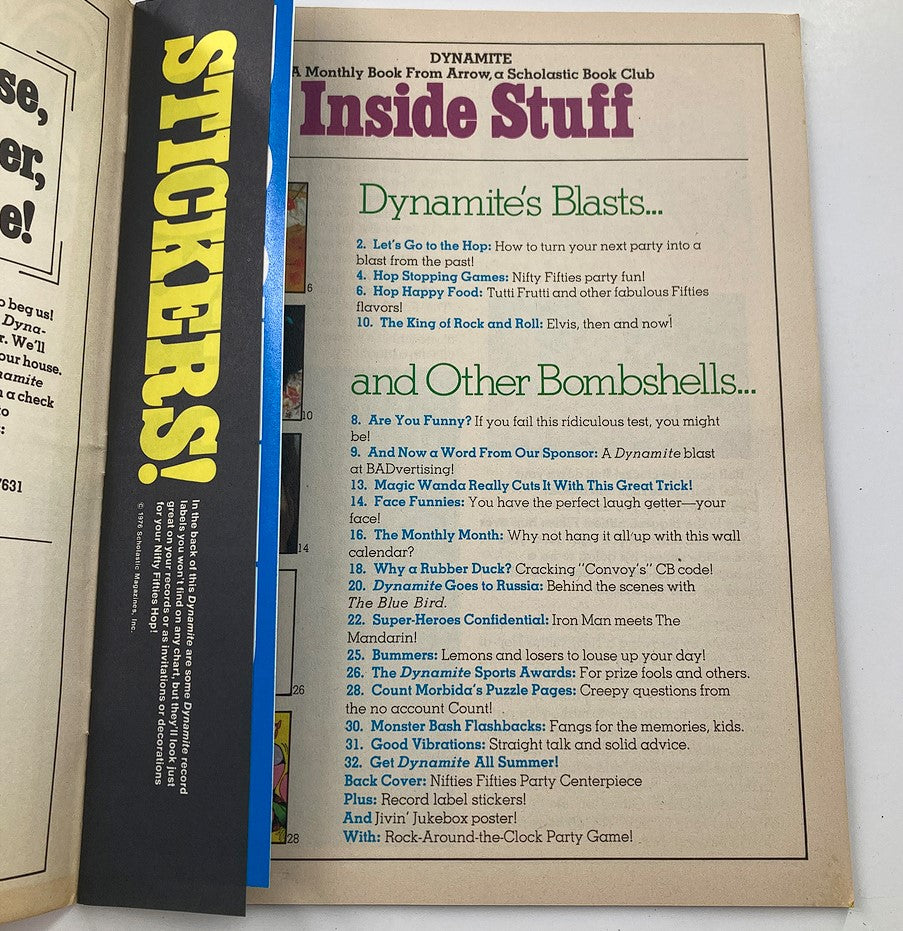 Inside page of VTG Dynamite Magazine 1976 No. 24 displaying content navigation titled 'Inside Stuff', featuring a playful and bright design with fun activities and themes.