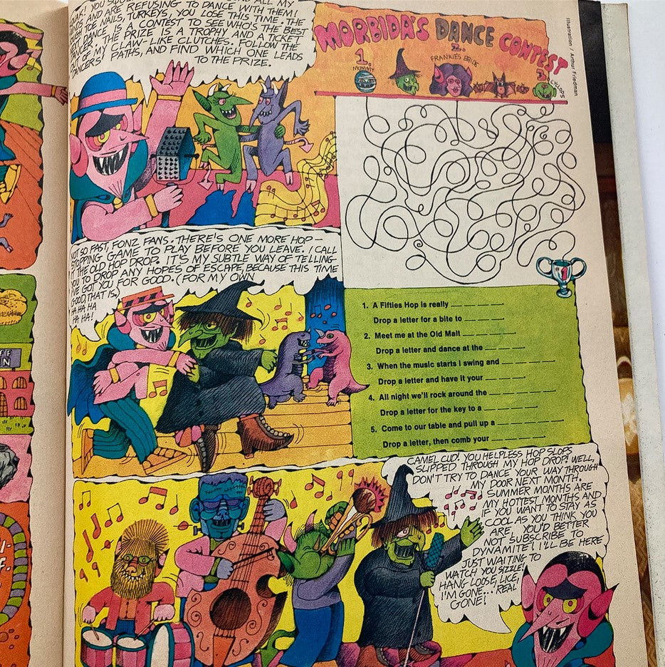 Another inside page of VTG Dynamite Magazine 1976 No. 24 illustrating an entertaining dance contest feature with cartoon characters, colorful illustrations, and interactive activities.