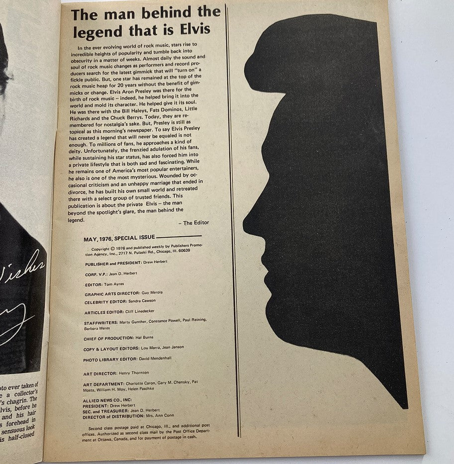 Interior page featuring an article titled 'The man behind the legend that is Elvis' in the VTG The National Tattler Magazine May 1976 Elvis Presley.