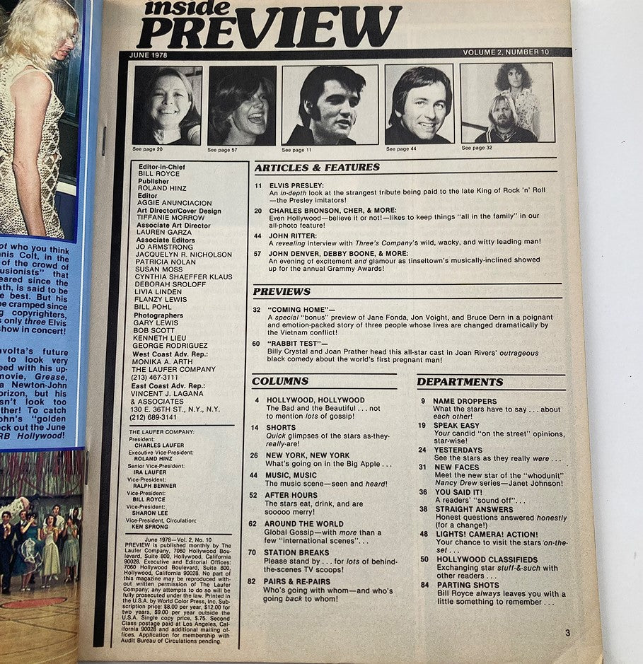 Inside page of VTG Preview Magazine June 1978 Vol 2 #10 featuring articles and features including Elvis Presley, his imitators, and other entertainers of the era, highlighting the cultural impact of rock 'n' roll.
