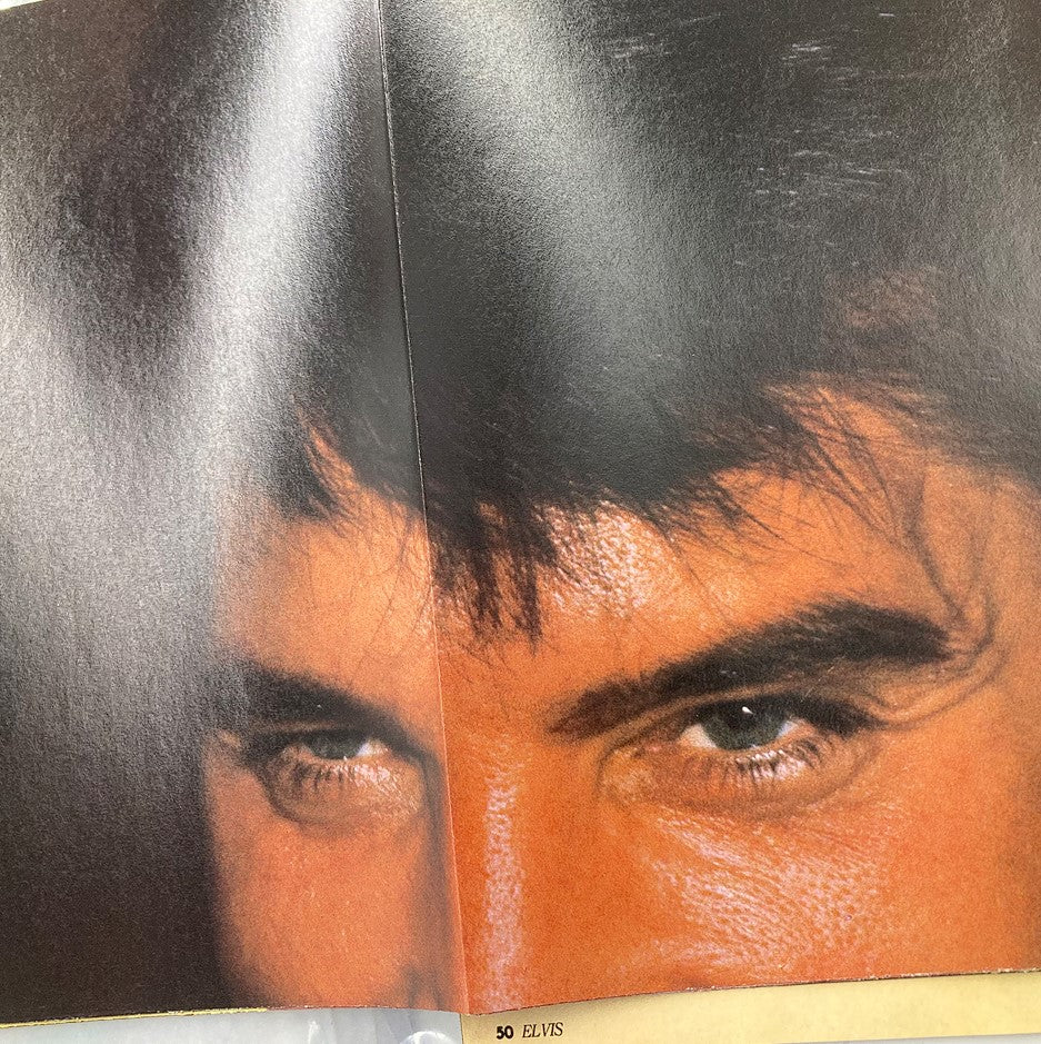 Close-up of Elvis Presley's intense eyes from the 1987 VTG Rock Stars Magazine featuring his life and music.