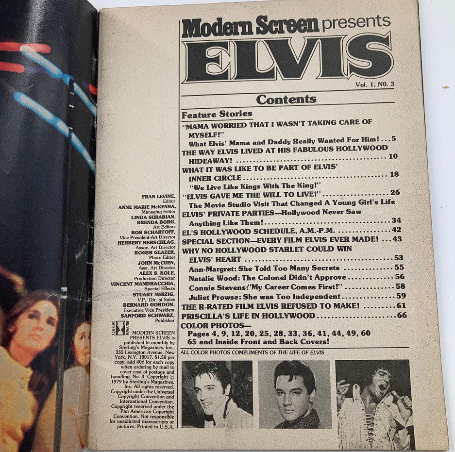 Inside page of VTG Modern Screen Magazine 1979 Vol #3 showcasing the table of contents, highlighting feature stories and photo sections about Elvis Presley.