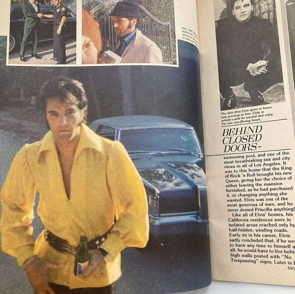 Elvis Presley featured in VTG Modern Screen Magazine 1979 Vol #3, walking in a yellow shirt near a car, alongside articles detailing his private life and career.