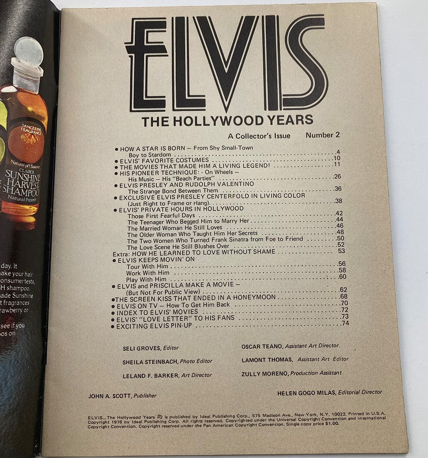 VTG 1978 No. 2 Elvis Presley The Hollywood Years magazine interior page listing article topics, including 'How a Star is Born' and 'Elvis in Hollywood'.