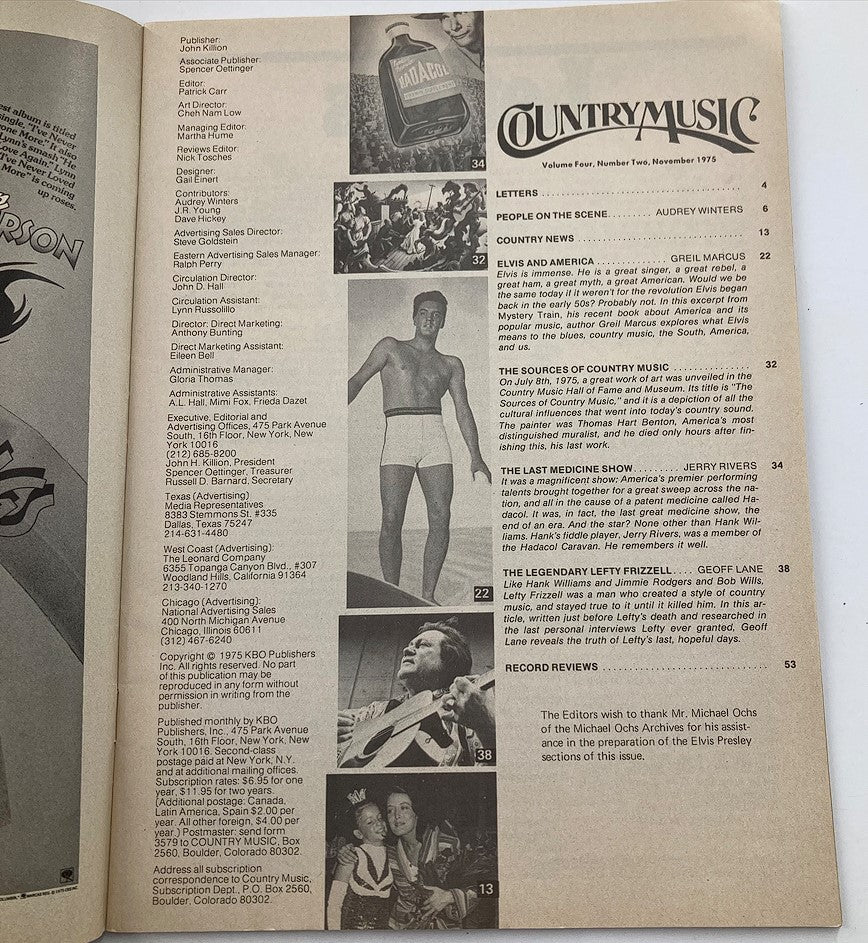 Inside page of VTG Country Music Magazine November 1975 Vol 4 #2 displaying the contents list with articles, including features on Elvis and Hank Williams, reflecting the era's music scene.