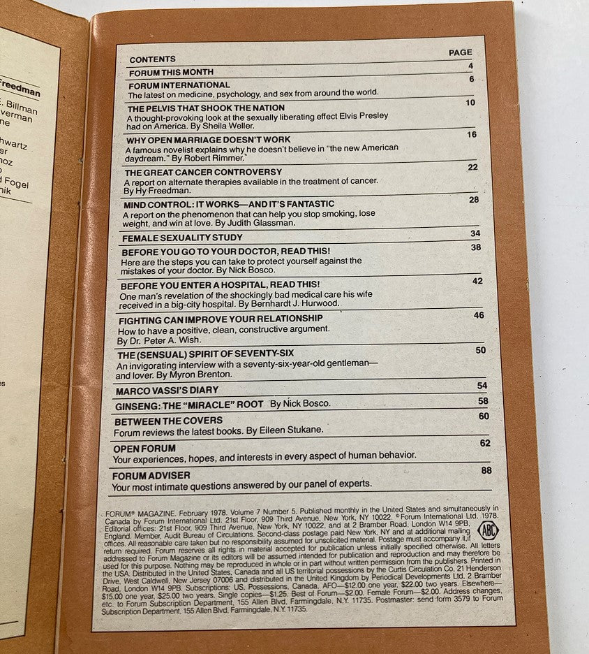 Table of contents page from VTG Forum Magazine February 1978 Vol 7 #5, listing articles including 'Why Open Marriage Doesn't Work' and features on Elvis Presley.
