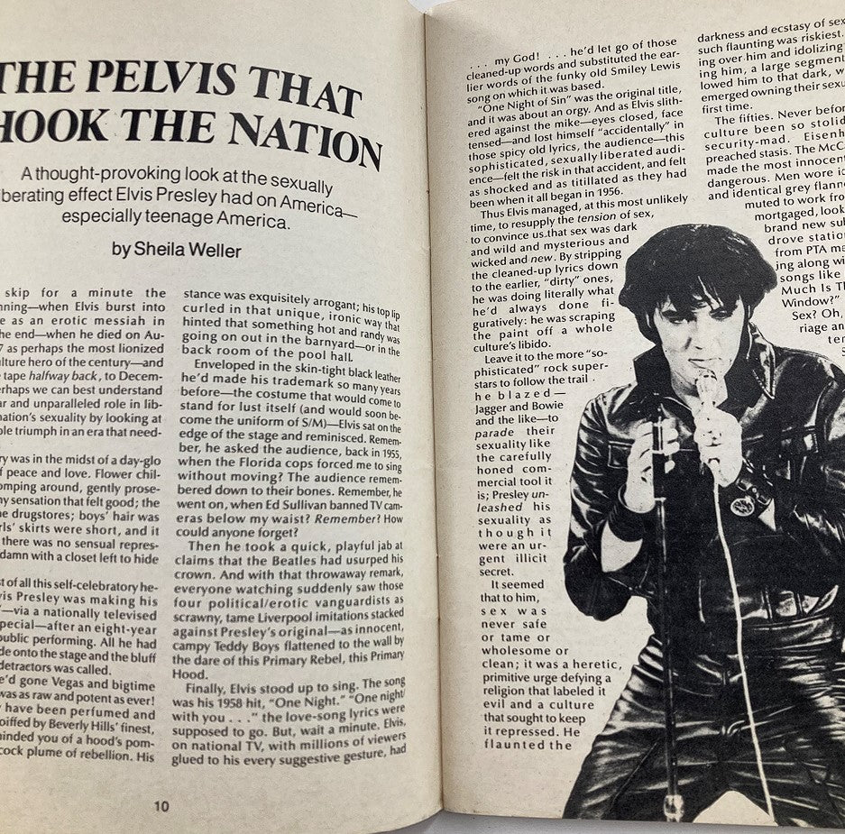 Article page titled 'The Pelvis That Shook the Nation' in VTG Forum Magazine February 1978 Vol 7 #5, analyzing Elvis Presley's influence on youth and music.