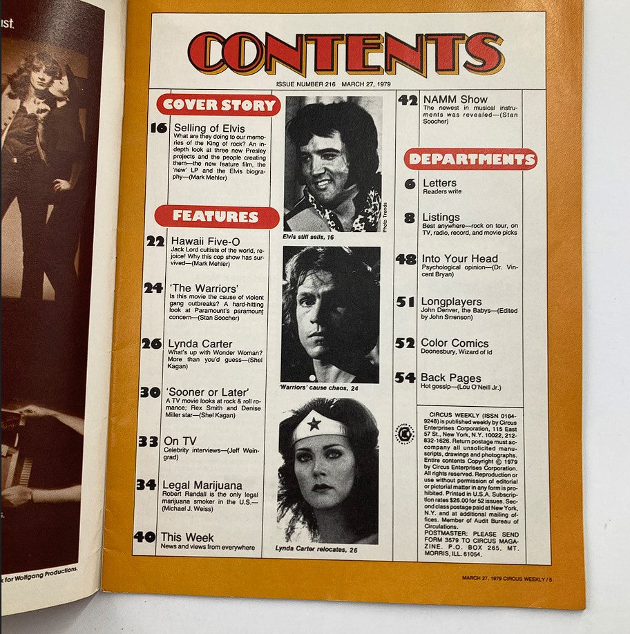 Contents page of VTG Circus Weekly Magazine March 27, 1979, highlighting features including the 'Selling of Elvis' and Lynda Carter, along with various entertainment topics and articles.