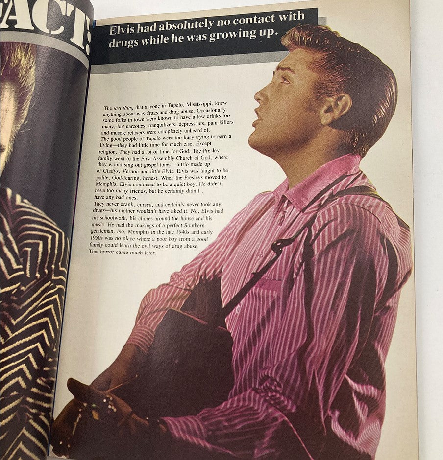 Article excerpt from VTG Platinum Presents No. 8 1980 discussing Elvis Presley’s upbringing and his relationship with drugs.