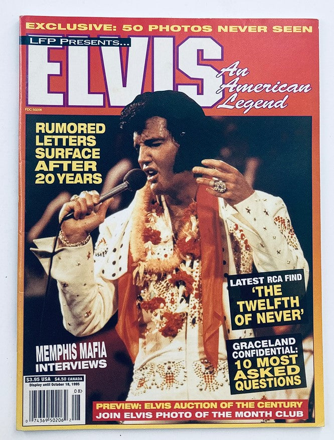 Cover of the 1995 LFP Presents Elvis Presley An American Legend magazine featuring a dramatic image of Elvis performing, highlighting unseen photos and exclusive interviews.