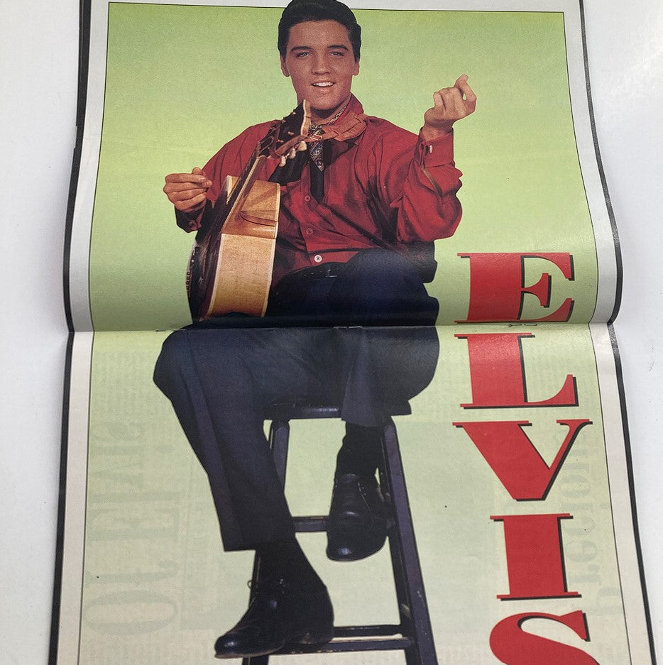1997 A Tribute To Elvis Presley The Road To Going Up w Poster No Label - Elvis Presley posing with a guitar, wearing a red shirt and sitting on a stool, capturing the iconic style of the legendary musician.