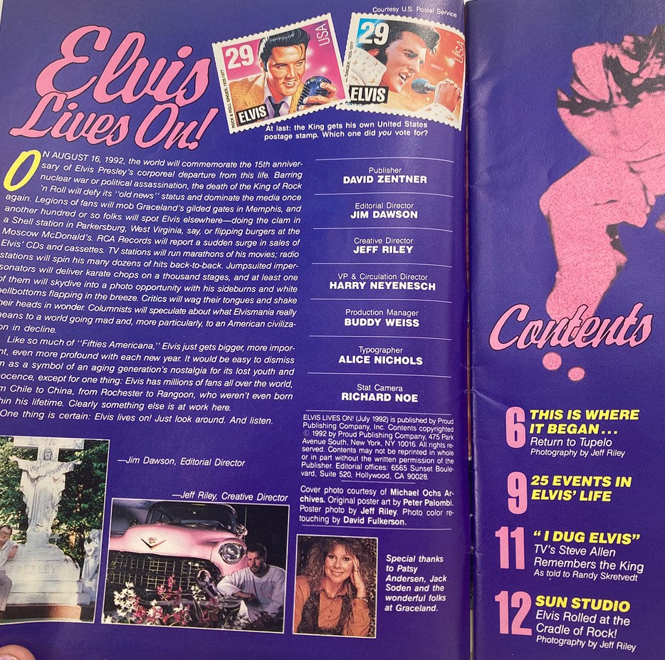 Inside page of VTG Collector's Edition July 1992 Elvis Presley Lives On, displaying contents with a colorful layout and images related to Elvis.