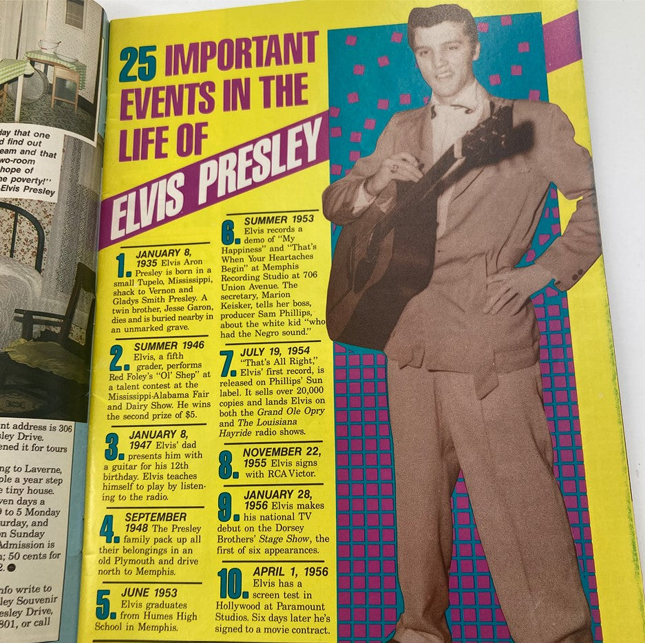 Page highlighting '25 Important Events in the Life of Elvis Presley' from VTG Collector's Edition July 1992 Elvis Presley Lives On, featuring historical milestones.